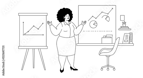 Curvy woman with curly hair presenting data in office illustration
