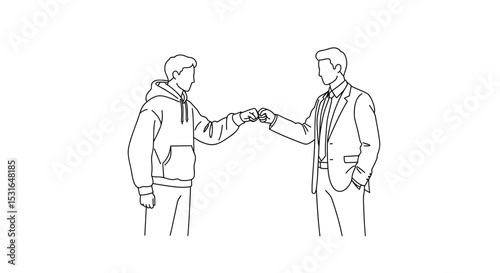 Casual man and businessman doing fist bump in line illustration