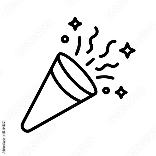 Party popper icon with stars and confetti in clean outline vector style