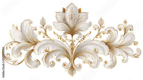 Graceful White and Gold Floral Crest with Layered Petal Design on Transparent Background

