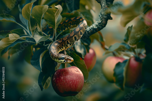 The Original Sin depicted by the demon snake holding the forbidden apple on a branch