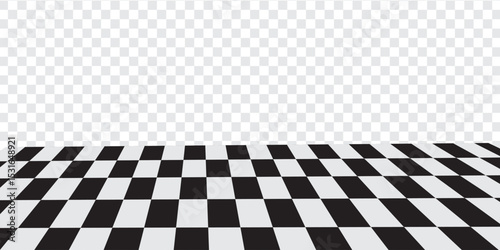 Empty checkerboard in perspective. Tiled mosaic floor. Sloped chessboard plane texture. Inclined board with black and white squares pattern isolated on white background. Vector graphic illustration.