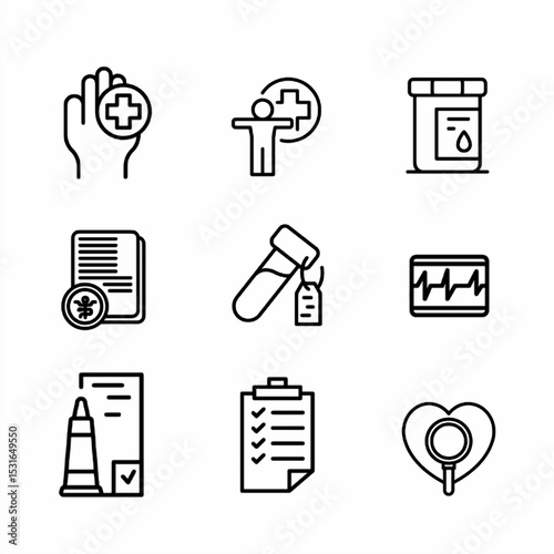 Medical Health Icons:  Shots, Patient Info, Blood Tests, and Medical Notes