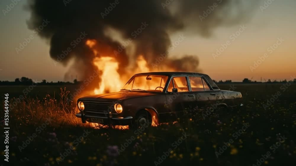 Fiery Sunset Abandoned Car Engulfed in Flames
