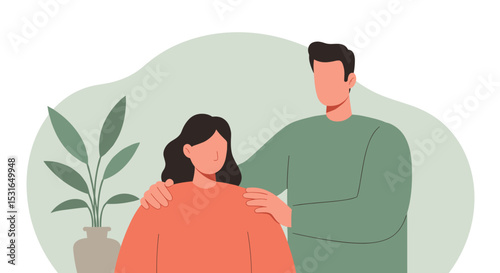 Man comforting sad woman with hands on shoulders