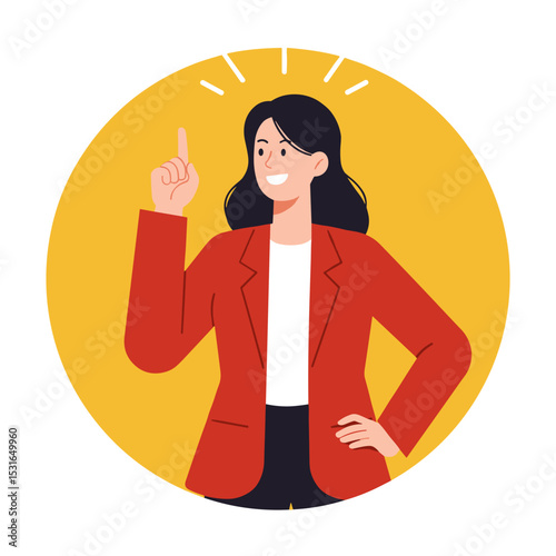 Woman in red jacket having an idea with raised finger