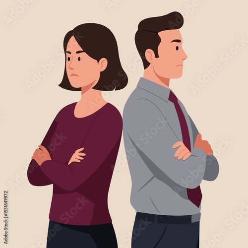 Upset man and woman standing back to back with arms crossed