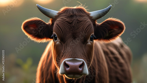 Closeup portrait of a brown cow at sunset