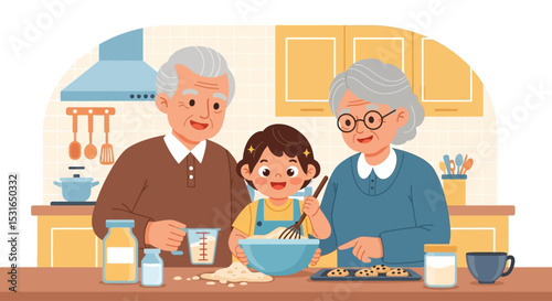 Grandparents and Grandchild Baking Together in Kitchen