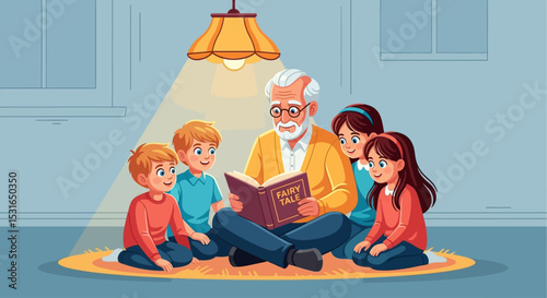 Grandfather Reading a Story to Grandchildren at Home