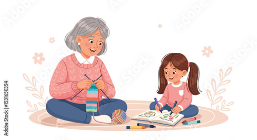 Grandmother and Grandchild Knitting and Drawing Together