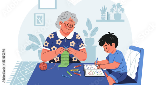 Grandmother Knitting, Child Drawing Intergenerational Bonding