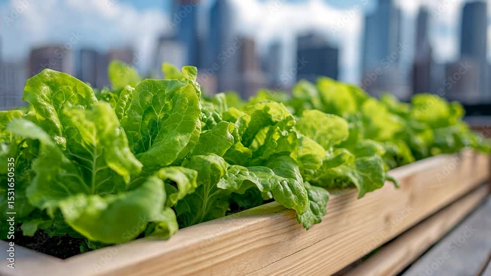 Fresh green lettuce growing in a wooden planter box with a blurred cityscape background Fresh green lettuce growing in a wooden planter box with a blurred cityscape background