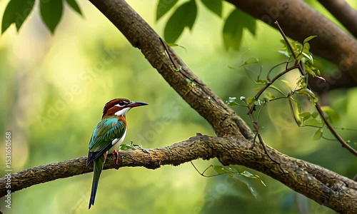Colorful Kingfisher Bird Perched on Tree Branch with Soft Green Background in Natural Habitat