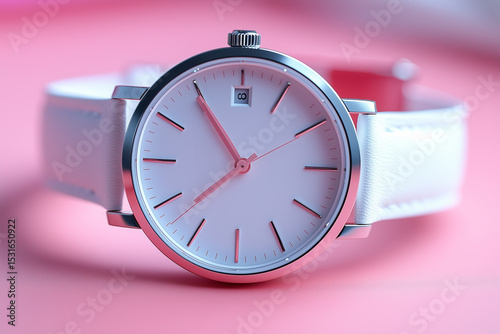 Minimalist white Wristwatch with white clock face with white Leather Strap on a light pink Background, Product photography