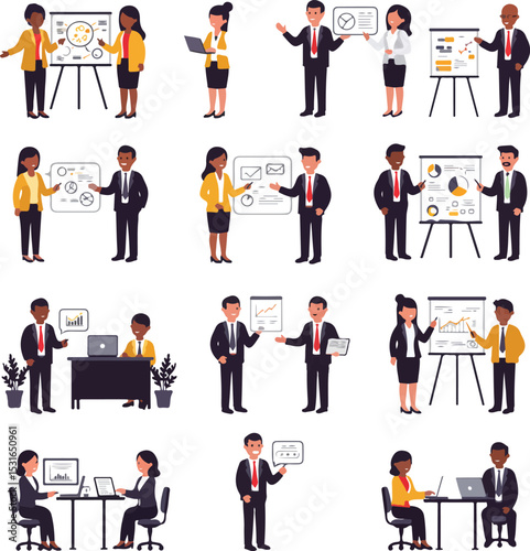 Fully editable vector set of 30 modern business illustrations featuring diverse professionals in work settings, collaboration, planning