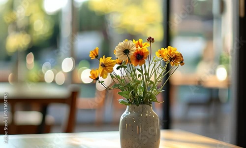 Yellow And White Flowers In Vase On Wood Table With Soft Bokeh Background