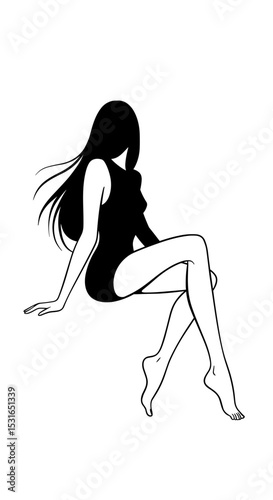 Woman sitting in bodysuit with long hair line drawing