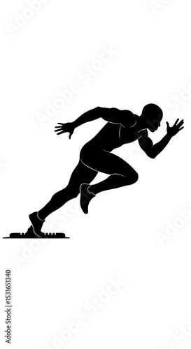 Male sprinter launching from starting blocks silhouette