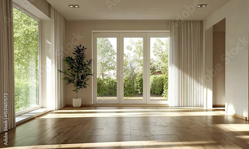 Bright Minimalist Room with Hardwood Floors White Walls and Large Windows Filled with Sunlight