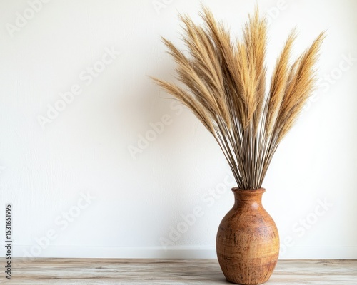 Brown vase with pampas grass against a white wall