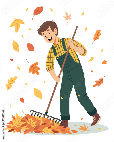Smiling worker raking autumn leaves in cartoon flat style, yellow and orange colors, outdoor cleanup concept for Labor Day,