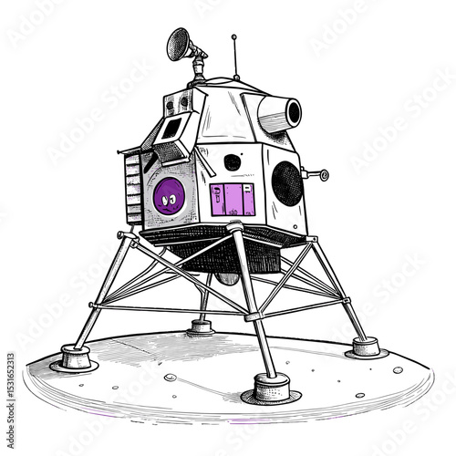 Lunar Module Drawing: An artistic monochrome drawing of a lunar module resting on the moon's surface, capturing the essence of space exploration and human achievement.