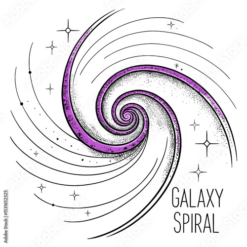Celestial Spiral Galaxy: A mesmerizing digital illustration unveils a stunning galaxy, with a captivating spiral design in elegant line art, stars that dot the cosmos, sparking wonder and curiosity.