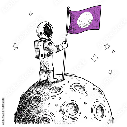 Astronaut's Lunar Triumph: A whimsical illustration of an astronaut planting a flag on a detailed lunar surface, with starry background