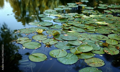 Green Lily Pads Floating on a Pond Reflecting Clear Blue Sky and Trees in Daylight for a Peaceful Natural Scene