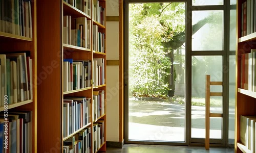 Warm Lit Library Interior With Bookshelves and Sunlight Streaming Through Doorway Provides a Sense of Academic Learning