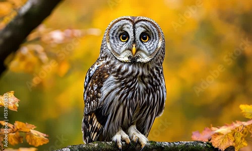 Detailed Portrait of an Owl Perched on a Branch with Autumn Leaves in Golden Blurred Background Wildlife Photography