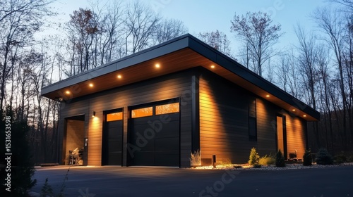 Modern dark wood detached garage with double doors illuminated at dusk.