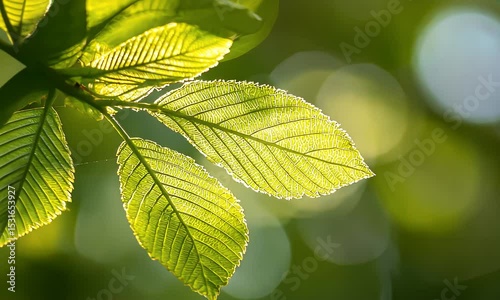 Backlit Green Leaves with Detailed Veins and Blurred Bokeh Background in Bright Sunlight