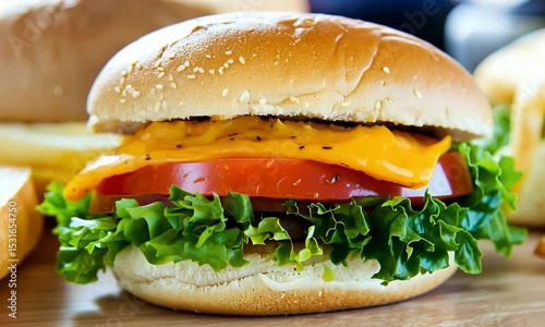 Close Up View of Burger Featuring Golden Cheddar Cheese Sliced Tomato Lettuce and Sesame Seed Bun with Golden Fries