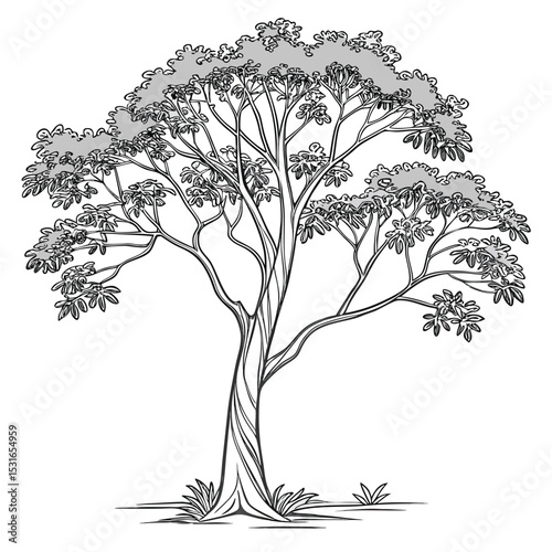 A grayscale sketch of a tree with lush foliage and detailed branches