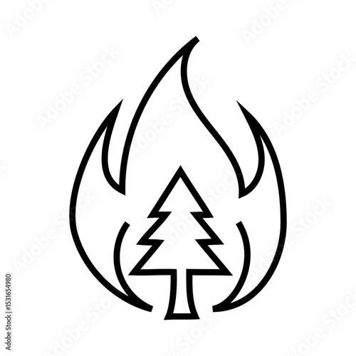 Fire tree icon. Burning forest symbol. Black flame design. White background.