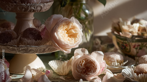 Afternoon tea with floral porcelain tea set, pretty sponge cakes, teatime set amid English garden roses in dappled countryside light