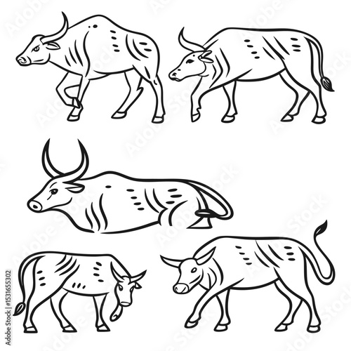 Five stylized bull illustrations in black and white, showcasing variations in pose and horn shape
