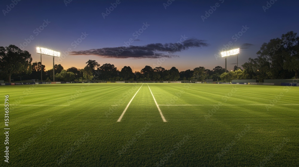 Obraz premium Twilight view of an illuminated sports field with lines and floodlights.