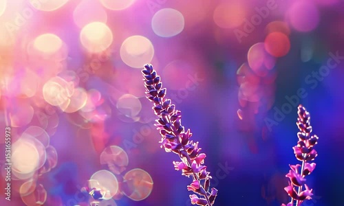 Closeup of Blooming Lavender Against Soft Bokeh, Purple Pink and Blue Floral Hues Bathed in Sunlight, Aromatic