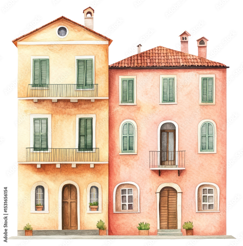 Fototapeta premium PNG Vintage Italian townhouses architecture illustration watercolor.