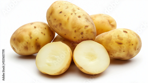 A whole and another halves  raw potato with earthy brown skin placed on a plain white background.
