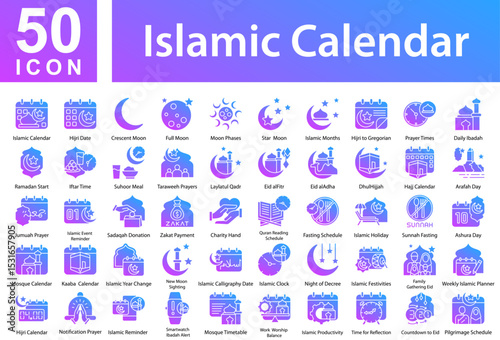Islamic Calendar Icon Collection and Simple Concept Glyph Gradient, Containing: Islamic Calendar  ,Hijri Date  ,Crescent Moon  ,Full Moon  ,Moon Phases  ,Star & Moon  ,Islamic Months
