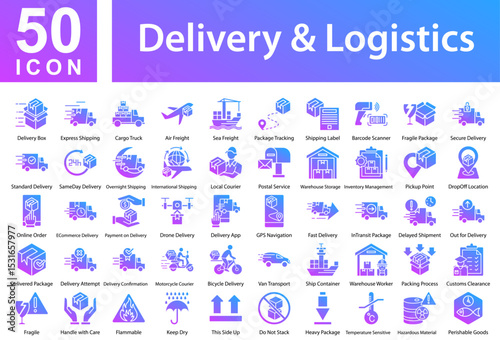 Delivery & Logistics Icon Collection and Simple Concept Glyph Gradient, Containing: Delivery Box  ,Express Shipping  ,Cargo Truck  ,Air Freight  ,Sea Freight  ,Package Tracking  ,Shipping Label 