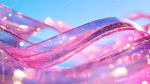 Glowing pink helix with sparkling water drops and glossy texture, abstract background with vibrant colors and dreamy, futuristic atmosphere, close up view