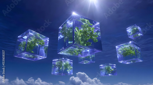 Floating glass cubes containing green plant leaves hover in bright blue sky, symbolizing futuristic luxury skincare ingredients and innovation in serene, uplifting atmosphere