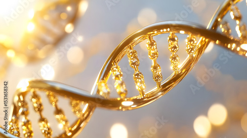 Golden DNA helix spiral structure glowing light closeup abstract science biotechnology genetics futuristic white background luxury innovation hope