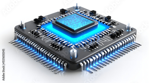 Quantum processor chip closeup with glowing blue light futuristic technology isolated on white background advanced circuit innovation digital high tech modern electronic component