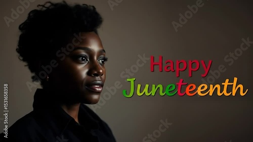 Black Woman Woman in background on Juneteenth Independence Day, June 19, Colorful text. Perfect for Greeting Cards for Juneteenth celebration. 4k video
